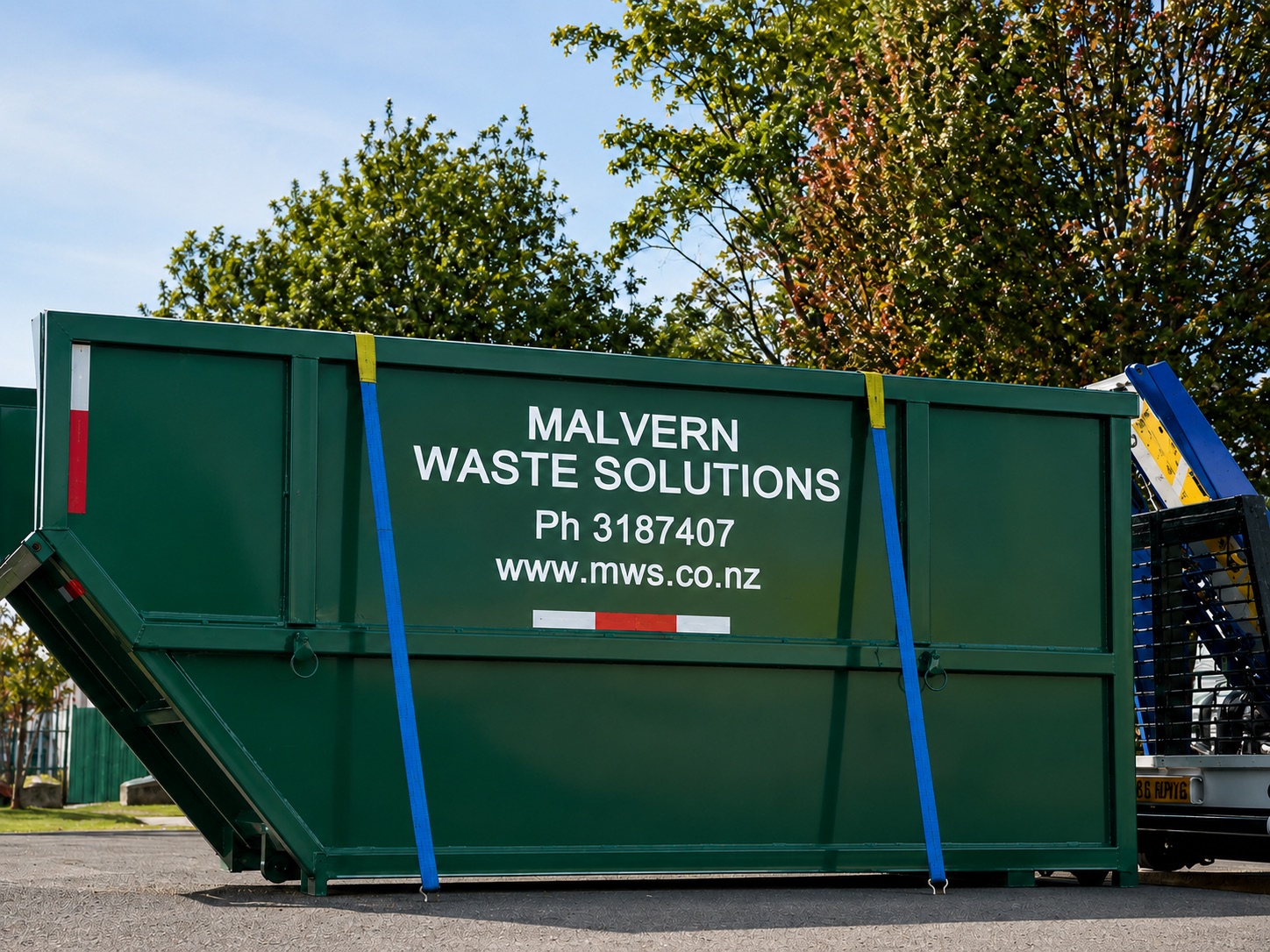 Malvern Waste Solutions branded green skip bin